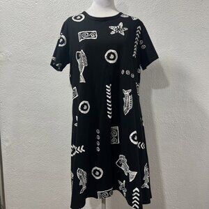 Kisses Hugs Black Knit Shirt Dress Size L  Short Slvs. Fish Sea Nautical Pattern